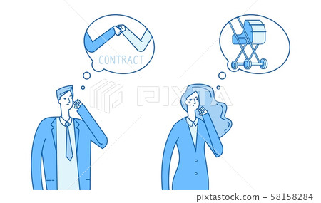Gender stereotypes thinking. Man thinks about work, woman thinks about family vector illustration 58158284