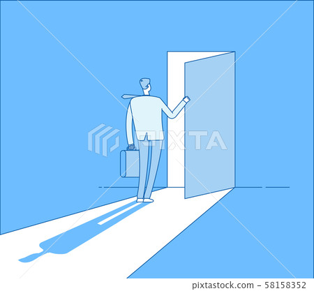 Businessman opens access. Secret door opportunity, accessible entering. Risk solution and leadership Businessman opens access. Secret door opportunity, accessible entering. Risk solution and leadership 58158352