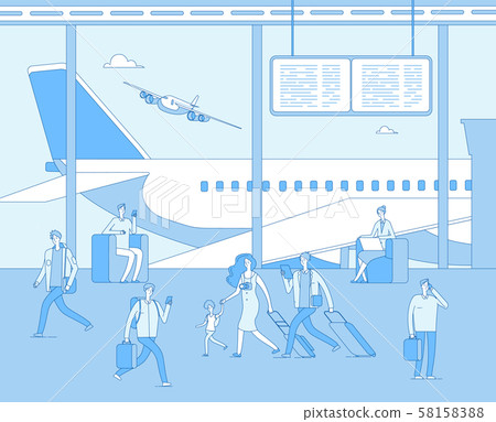Airport terminal. People inside airfield airport. Man woman passenger in comfort lounges. Departure 58158388
