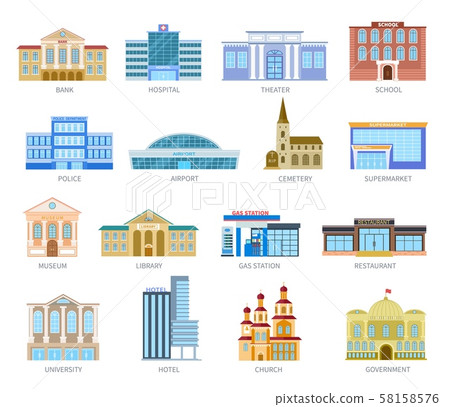 Government flat houses. Bank hospital school university airport police library church. Municipal 58158576