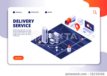 Isometric delivery concept. Logistic truck and shipping service mobile phone app. Vector landing 58158588