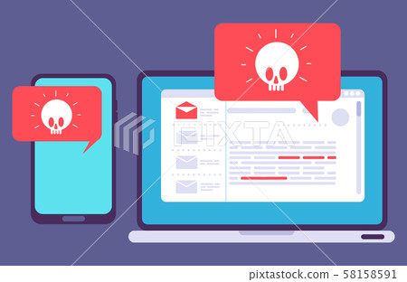 Virus on laptop and phone, vector illustration of hacker attack 58158591
