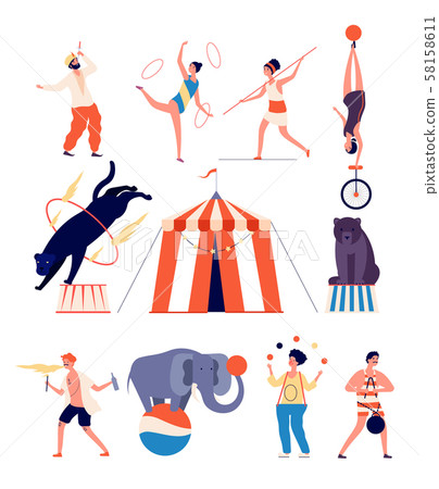 Circus actors. Clown and magician, juggler and balancer, strongman and gymnast, panther and bear 58158611