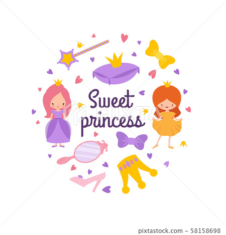 Cartoon character princess vector emblem with crown, magic wand, hearts Cartoon character princess vector emblem with crown, magic wand, hearts 58158698