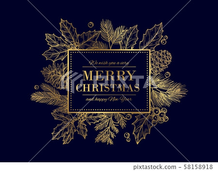 Christmas card. Merry Christmas frame. Festive vector background with gold sketch fir tree branches 58158918
