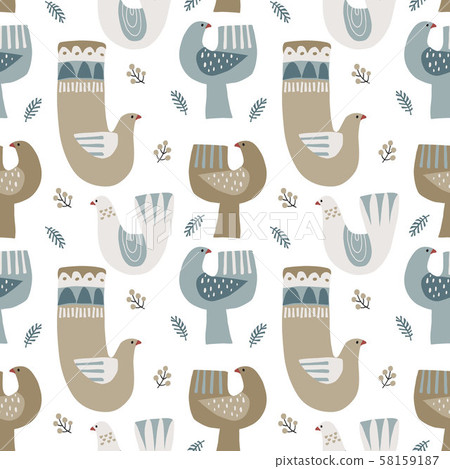 Christmas Scandinavian seamless pattern. Ornamental dove birds, berries and fir tree branches 58159187