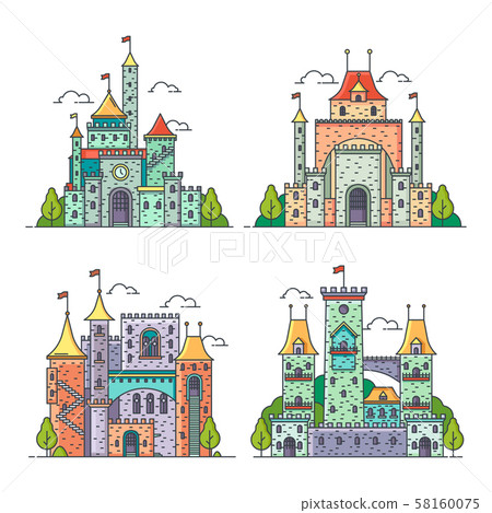 Cartoon castles, kingdom palace, medieval fortress 58160075