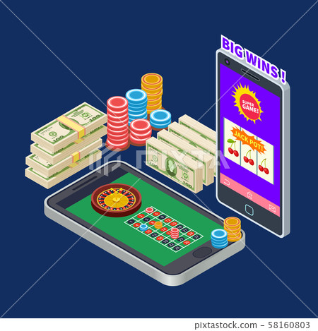 Online casino or gambling with banknotes and chips isometric vector concept Online casino or gambling with banknotes and chips isometric vector concept 58160803