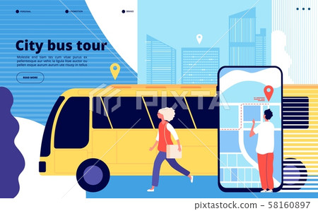 City bus tour. Tourists and urban bus vehicle with cityscape and map mobile app. Tourism and 58160897