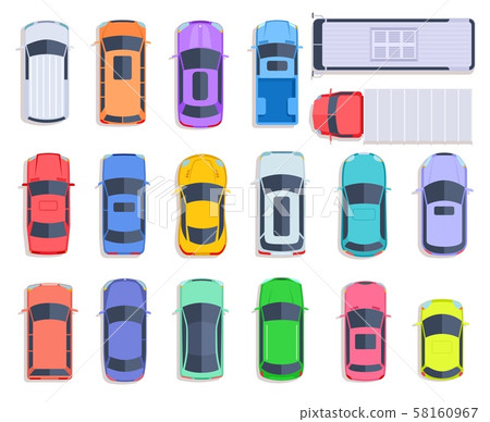 Top view cars. Auto transport, truck and car roof of vehicle transport. City traffic, automobile Top view cars. Auto transport, truck and car roof of vehicle transport. City traffic, automobile 58160967