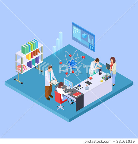 Scientific research laboratory. Isometric chemistry equpment and sciensists, pharmaceutical lab 58161039