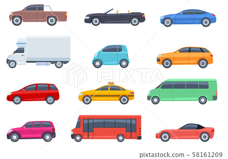 Flat cars set. Taxi and minivan, cabriolet and pickup. Bus and suv, truck. Urban, city cars and Flat cars set. Taxi and minivan, cabriolet and pickup. Bus and suv, truck. Urban, city cars and 58161209