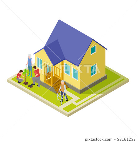 Volunteers help an older couple with garden work isometric vector illustration Volunteers help an older couple with garden work isometric vector illustration 58161252