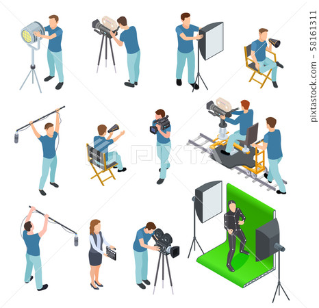 Cinematograph isometric set. People work camera light crew movie video film motion production tv 58161311