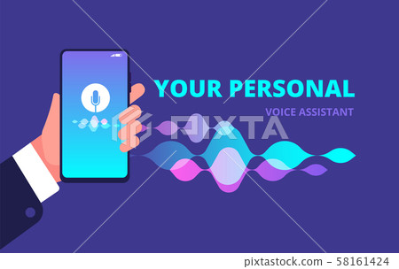 Voice assistant. Sound and music recognition and analytics smartphone app vector concept 58161424