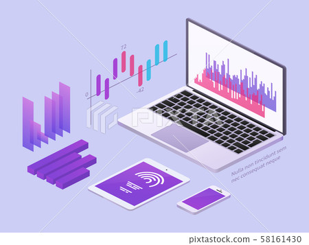 Business app isometric concept. Vector 3d laptop and smartphone with data charts and statistics 58161430
