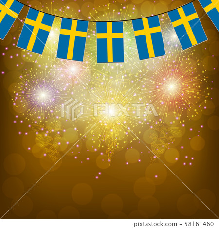 Fireworks with flags of Sweden. Illustration. 58161460
