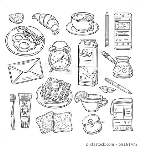 Good morning doodle. Healthy breakfast, happy mood of summer day. Sketch drawing vector set 58161472