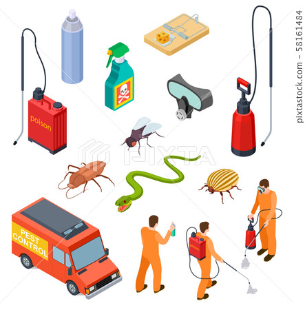 Pest control isometric. Insect fumigation rodent poison exterminator specialist 3d sanitary 58161484