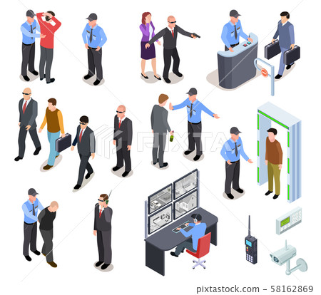 Security system isometric concept. Secure police officer checkpoint access equipment, personal guard 58162869
