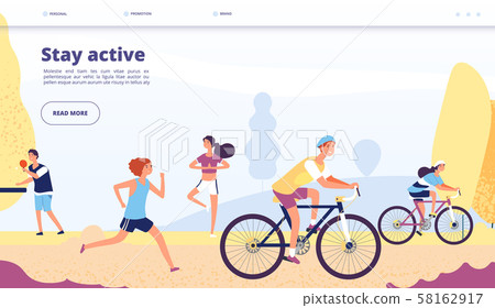 Active lifestyle landing. People cycling, fitness exercises. Persons riding bike, running in autumn Active lifestyle landing. People cycling, fitness exercises. Persons riding bike, running in autumn 58162917