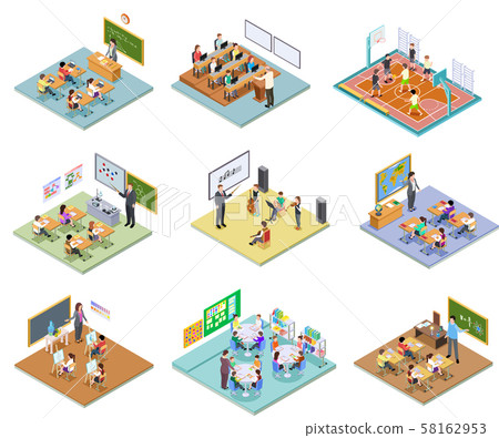 School rooms isometric. Library dining room lecture classroom gym sports hall toilet college 58162953