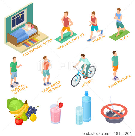 Healthy lifestyle isometric concept. Regular exercises, medical checking diet nutrition. Good habits 58163204