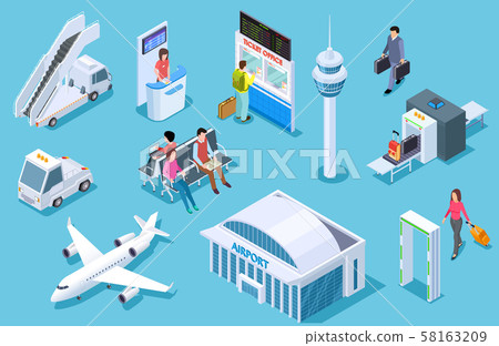 Airport isometric. Passenger luggage, airport terminal. Tower plane passport checkpoint. Business 58163209