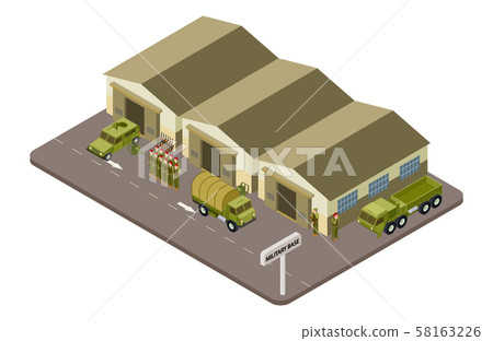 Military base with soldiers and military cars isometric vector concept Military base with soldiers and military cars isometric vector concept 58163226