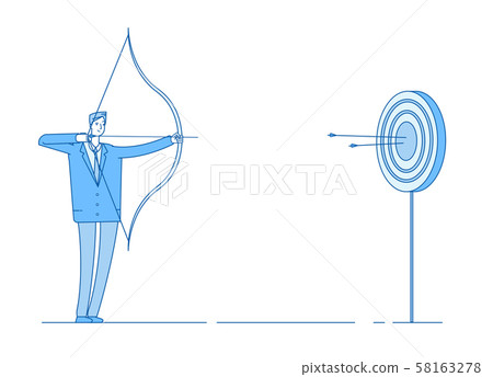 Man shoots bow. Arrow targeting in target, businessman precision shooting. Aim reaching business 58163278