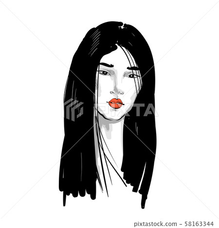 Young Asian Woman With Red Lips And Long Hair Stock