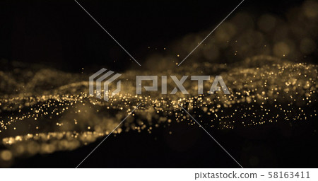 Gold glitter light particles splash wave, bokeh effect on black background. Shining gold sparks 58163411