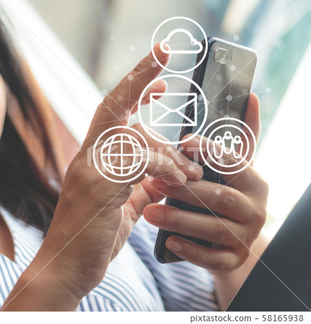 Messages icons on virtual screen. Communication Messages icons on virtual screen. Communication 58165938