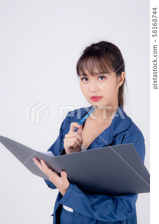 beautiful portrait young business asian woman cheerful standing holding folder isolated 58168744