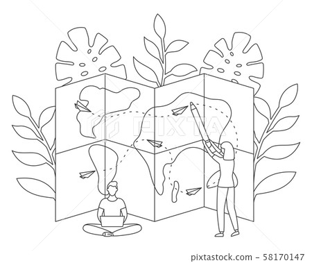 Girl guy travel trip tourism map line vector 58170147
