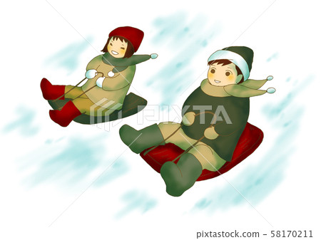 Kids playing with snow sleds with background Kids playing with snow sleds with background 58170211