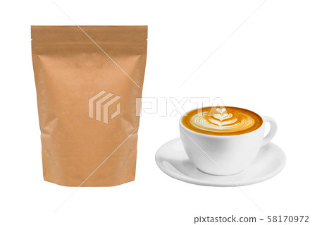 brown coffee bag packaging and a cup of coffee latte art isolated on white background with clipping path 58170972