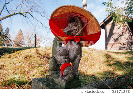 Kitsune Japanese Fox stone statue with red scarft Kitsune Japanese Fox stone statue with red scarft 58171278