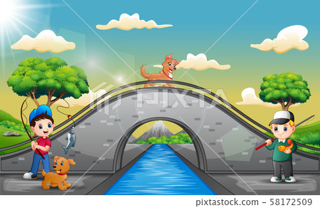 插图素材: boys cartoon with his pet fishing on the bridge