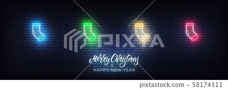 Christmas sale banner. Xmas and New Year sale background with glowing neon icons and lettering sign 58174311