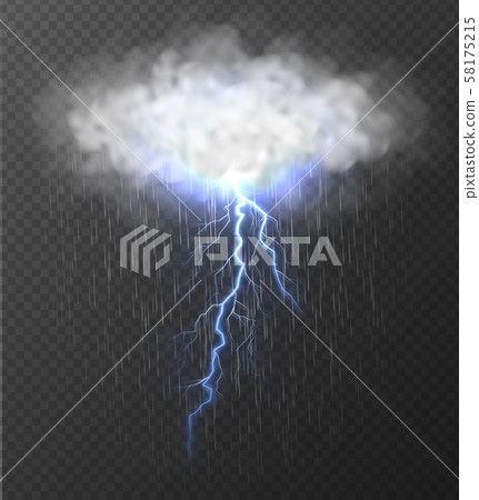 Realistic cloud with blue thunderbolt and rain isolated on transparent background. 58175215