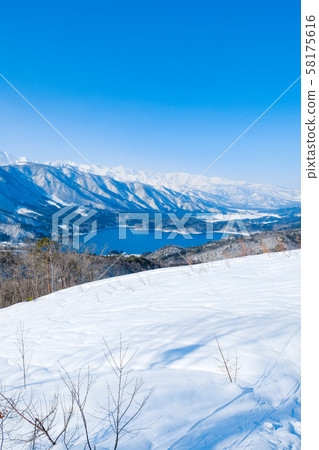 Lake Aoki and the Northern Alps viewed from Omachi City 58175616