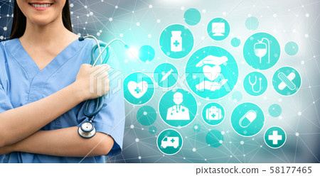 Doctor with Medical Healthcare Graphic in Hospital Doctor with Medical Healthcare Graphic in Hospital 58177465