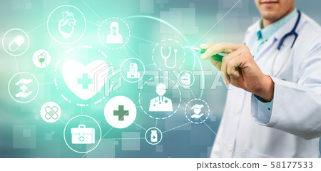 Doctor with Medical Healthcare Graphic in Hospital Doctor with Medical Healthcare Graphic in Hospital 58177533