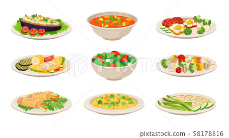 Vector Isometric Illustration Set With Vegetarian Dishes Isolated On White Background 58178816