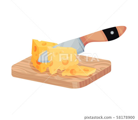 Sliced Piece Of Cheese On A Wooden Square Board Isolated On White Background 58178900