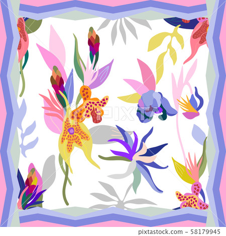 Print with palm leaves and blooming orchids. 58179945