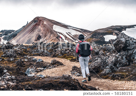 Traveler Hike at Landmannalaugar Iceland Highland Traveler Hike at Landmannalaugar Iceland Highland 58180151