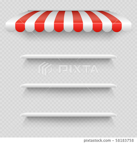 Empty white shop shelf under striped white and red sunshade vector isolated on transparent 58183758
