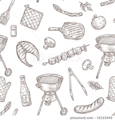 Barbecue seamless pattern. Sketch barbeque chicken grill vegetables fried steak meat picnic party 58183949